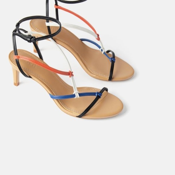 ZARA STRAPPY MULTI COLOR KITTEN HEELED SANDALS sz 38 - Picture 7 of 7